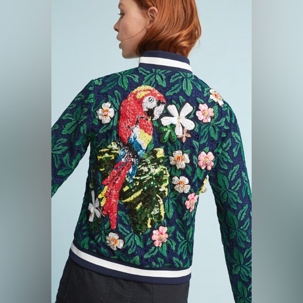 Rare- Chloe Oliver Parrot Embellished Bomber Green - Anthropologie